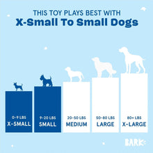 Load image into Gallery viewer, Chart showing toy size compatibility with dog weight categories on a blue background