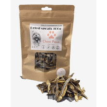 Load image into Gallery viewer, Brown packaging of 'Chow Paws' dried sprats dog treats with visible sprats on a white background