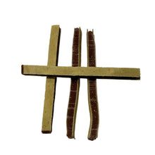 Load image into Gallery viewer, Three Duck & Fish Sandwich Strip Jerky sticks arranged in a hashtag symbol on a white surface
