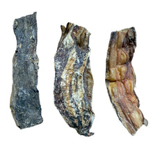 Load image into Gallery viewer, Three crocodile skin chews of varying shapes and colors, intended as dog treats.