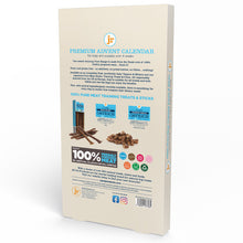 Load image into Gallery viewer, The back panel of a beige J&J Premium Advent Calendar box, displaying product information, ingredients, and branding for J&J Pet Health.