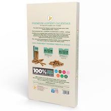Load image into Gallery viewer, The back panel of a beige cardboard box for 'JP Premium Advent Calendar' dog treats, featuring product descriptions, ingredient highlights, and images of salmon and beef jerky sticks.