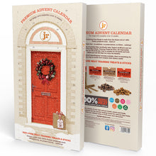 Load image into Gallery viewer, A boxed pet product shown from the front and back, featuring a cream-colored package with a large red front door illustration adorned with a wreath. The front reads 'Premium Advent Calendar' and shows a small gift bag graphic.