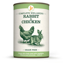 Load image into Gallery viewer, Can of complete wellbeing rabbit and chicken food with JR logo on a white background
