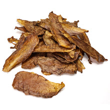 Load image into Gallery viewer, A pile of dried, curled JR Large Ostrich Collagen Flattie slices in shades of brown and tan, arranged on a plain white background.