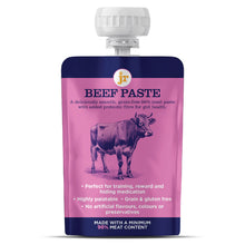 Load image into Gallery viewer, A stand-up pouch of Junior Ranch Beef Paste with a white cap, featuring a pink and navy label with a cow illustration and product text.