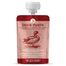 Load image into Gallery viewer, A stand-up pouch of Junior Duck Paste dog food supplement, featuring a deep red top and bottom border with a dusty pink center, a detailed duck illustration, and a white screw cap.