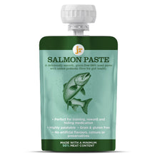 Load image into Gallery viewer, A stand-up pouch of Junior Formula Salmon Paste on a plain white background. The pouch is dark green on the top and bottom with a light mint-green center panel featuring an illustration of a salmon fish and product text.