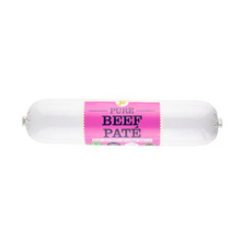 Load image into Gallery viewer, A single packaged stick of beef pate on a plain white background. The product is in a clear casing with a bright pink paper label that reads 'PURE BEEF PATE' in dark lettering.