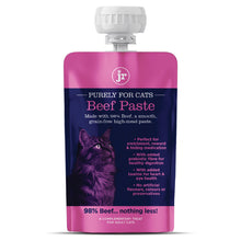 Load image into Gallery viewer, A stand-up pouch of JR Purely for Cats Beef Paste adult cat treat, featuring a pink and dark navy label with a cat illustration and white cap, on a white background.