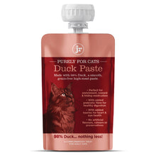 Load image into Gallery viewer, A single cat treat pouch labeled 'Purely For Cats Duck Paste' with a white cap, shown on a plain white background. The pouch is dusty rose pink with a large dark red label featuring a cat illustration and product text.