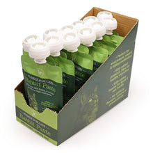 Load image into Gallery viewer, A cardboard retail display box filled with green pouches of Purely For Cats Rabbit Paste cat food, photographed on a clean white background.