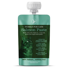 Load image into Gallery viewer, A pouch of JR Purely For Cats Salmon Paste wet cat food, featuring a teal and dark green label with a cat illustration and white text, complete with a white cap, on a white background.
