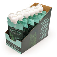 Load image into Gallery viewer, A cardboard display box holding multiple pouches of Purels for Cats Salmon Paste wet cat food, photographed on a clean white background.