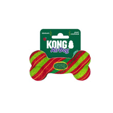 Load image into Gallery viewer, Kong AirDog bone-shaped dog toy in red and green striped fabric, attached to a green cardboard backing card with the KONG logo.