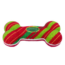 Load image into Gallery viewer, Red and green striped dog toy with a visible brand logo on a white background