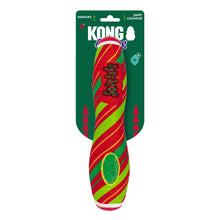 Load image into Gallery viewer, KONG Squeak-a-Laws Christmas-themed dog toy in its original green blister packaging, featuring red and green striped candy-cane patterns with a brown bow on the front.