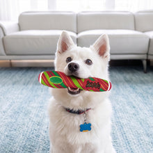 Load image into Gallery viewer, A white dog sitting on a blue carpet in a living room, holding a colorful striped rubber toy in its mouth. The toy has red, green, and white bands with the brand name 'Scratch' printed on it.