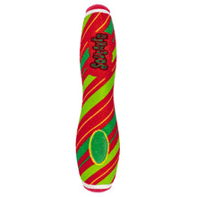 Load image into Gallery viewer, A red and green striped dog toy shaped like a long, narrow boot or sneaker, featuring the word 'Squash' in black outlined text on the side and a green oval patch near the bottom.