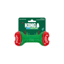 Load image into Gallery viewer, Kong Core Strength dog toy in green and red, attached to its original green cardboard packaging card, shown against a plain white background.