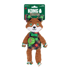 Load image into Gallery viewer, KONG Knuets Squeaks plush dog toy shaped like a fox, wearing a green plaid shirt and bow tie, on its original green hanging card against a white background.
