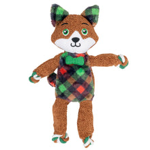 Load image into Gallery viewer, A plush dog toy shaped like a fox wearing a green, red, and black plaid sweater, green bow tie, and green-and-black plaid ears, shown on a plain white background.