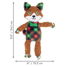 Load image into Gallery viewer, Stuffed toy fox with plaid outfit and dimensions indicated