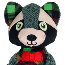 Load image into Gallery viewer, Plush raccoon toy with green and black checkered ears and a red bow tie on a white background