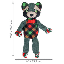 Load image into Gallery viewer, Plush raccoon toy with tartan pattern and measurements on a white background
