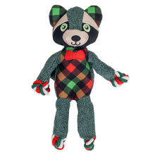 Load image into Gallery viewer, A plush stuffed animal dog shaped like a raccoon, wearing a green and black plaid body suit with a red bow tie and red, white, and green striped socks, shown against a plain white background.