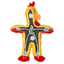 Load image into Gallery viewer, A plush chicken mascot costume with a yellow body, red comb and feet, black face and torso panels, white rope details, and an orange beak, shown on a plain white background.
