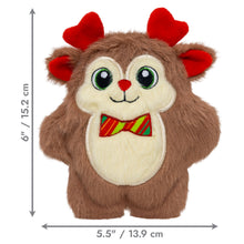 Load image into Gallery viewer, Plush toy with reindeer ears and a bow tie, shown with measurements on a white background