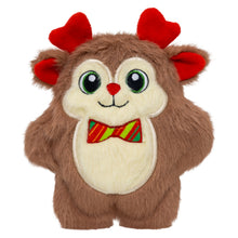 Load image into Gallery viewer, Plush toy resembling a reindeer with red antlers and a colorful bow tie on a white background