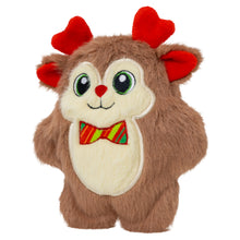 Load image into Gallery viewer, Plush toy resembling a reindeer with red antlers and a colorful bow tie on a white background