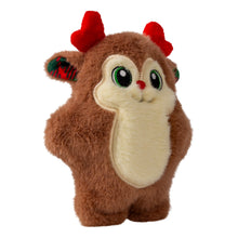 Load image into Gallery viewer, A brown plush toy shaped like a stylized animal character with a cream-colored snout and face, green eyes, red antlers, and red-and-green plaid ears, shown on a plain white background.