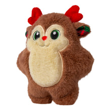 Load image into Gallery viewer, A plush toy shaped like a brown animal character with a cream-colored belly, large green eyes, red antlers, and a small red nose, shown on a plain white background.