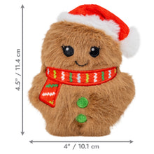 Load image into Gallery viewer, Plush gingerbread man toy with a Santa hat and scarf, showing measurements on a white background.