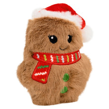 Load image into Gallery viewer, Plush toy resembling a gingerbread man with a Santa hat and scarf on a white background