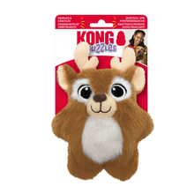 Load image into Gallery viewer, Kong Zzzzles plush deer dog toy in its original retail packaging, featuring a brown and white plush deer with large eyes and a red hanging card.