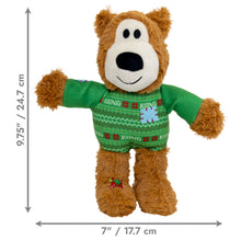 Load image into Gallery viewer, Stuffed bear toy with a green sweater displaying KONG branding, shown with dimensions on a white background.