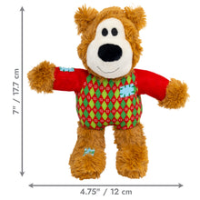 Load image into Gallery viewer, Plush toy bear wearing a red sweater with measurements on a white background