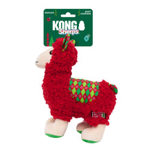 Load image into Gallery viewer, Red llama-shaped KONG Sherps toy with a green and white label on a white background
