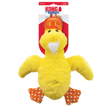 Load image into Gallery viewer, Yellow duck-shaped toy with orange hat and polka dot pants on a white background, featuring KONG Comfort branding.