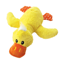 Load image into Gallery viewer, Yellow plush duck toy with orange beak and polka dot wings on a white background