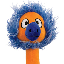 Load image into Gallery viewer, A plush ostrich head toy with a bright orange face and neck, a blue snout, and fluffy blue-and-white feathers around the head, shown on a plain white background.