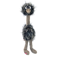 Load image into Gallery viewer, A plush ostrich toy with shaggy dark gray and black feathers, a beige neck, and a beige snout, photographed against a plain white background.