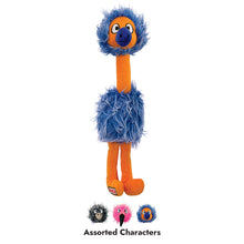 Load image into Gallery viewer, A plush ostrich toy with blue shaggy feathers, an orange neck and legs, and a blue-and-orange face, shown on a white background with three smaller character plushies and the text 'Assorted Characters' below.