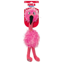 Load image into Gallery viewer, A pink plush flamingo dog toy by KONG, shown hanging from its original retail cardboard hanger against a plain white background.