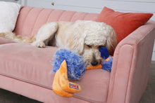 Load image into Gallery viewer, A cream-colored dog lies on a pink velvet sofa, holding a Kong plush toy with blue and orange feathers.