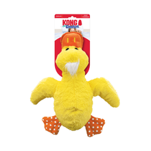 Load image into Gallery viewer, Kong Dog Center plush duck toy in its original retail packaging, featuring a yellow plush duck with an orange beanie, white mustache, and orange polka-dot feet.